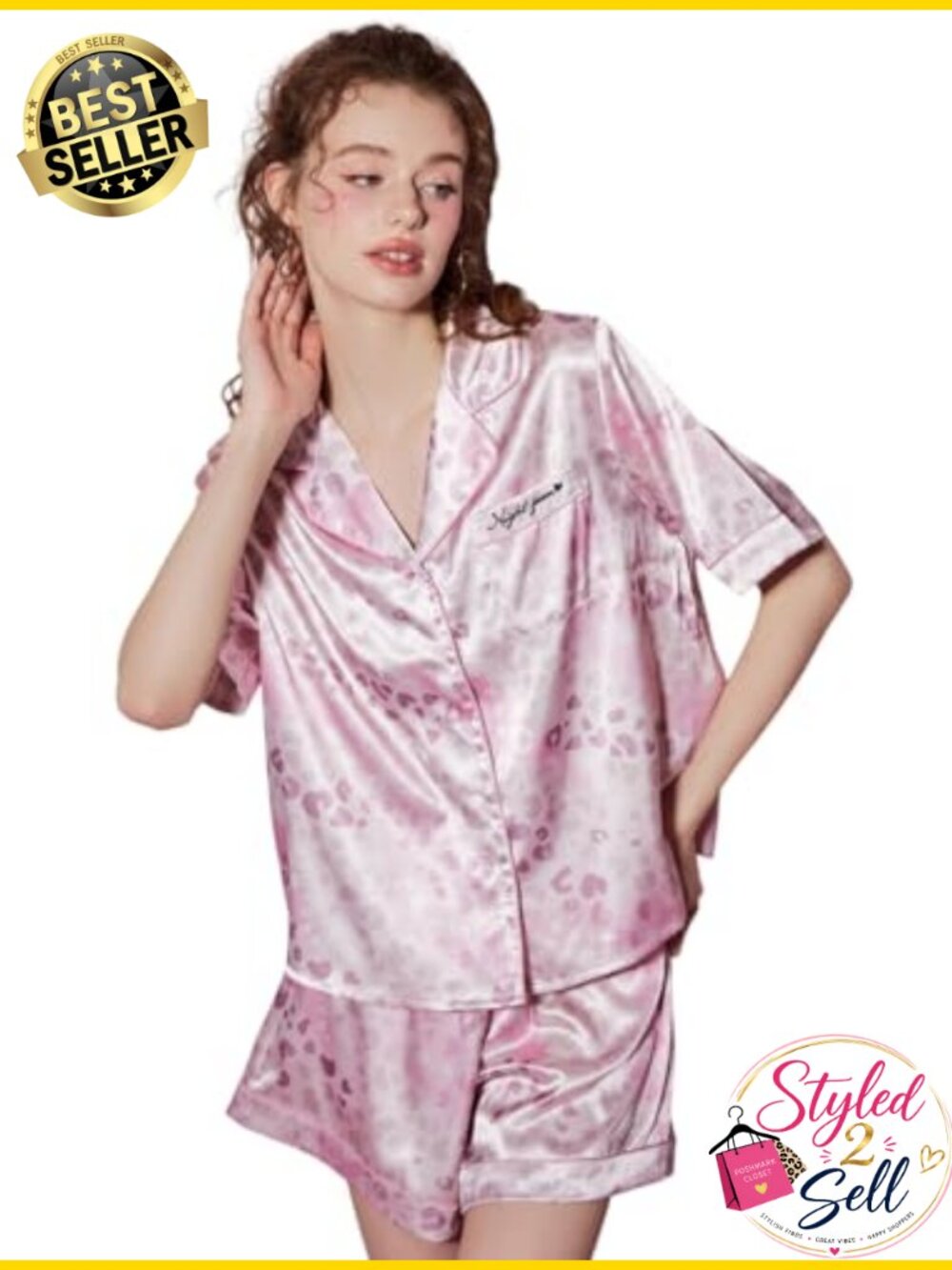 Satin Pajama Set Button Down 2 Piece Short Sleeve Sleepwear Pjs